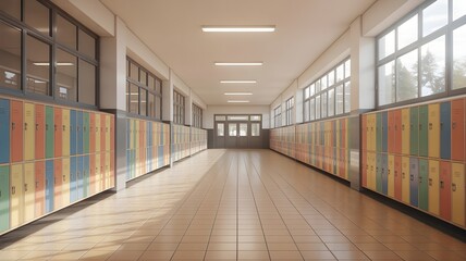 A sunlit and deserted school corridor lined with rows of vibrant, colorful lockers, creating a peaceful and nostalgic atmosphere