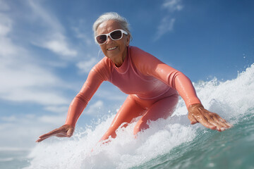 Mature woman in wetsuit enjoying surfing on a sunny day, wearing sunglasses. Showing her youthful spirit and enjoying a life of adventure.