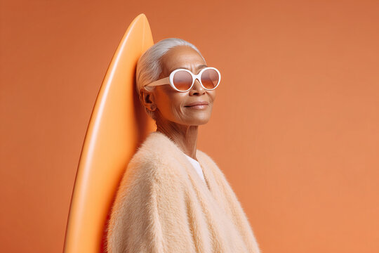 Stylish older woman with surfboard. Her white hair, stylish sunglasses and a cozy sweater stand out against the monochromatic background.