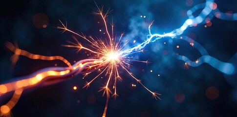 Close-up of sparking electrical wires, vibrant blue arcs flashing, intense energy, a chaotic display of raw power , wires, cables