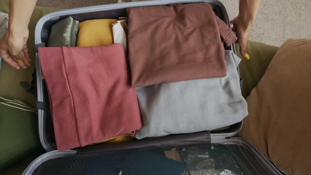 Top-down view of unrecognizable female hands with bright yellow nails carefully placing neatly folded stacks of clothes into suitcase at home setting