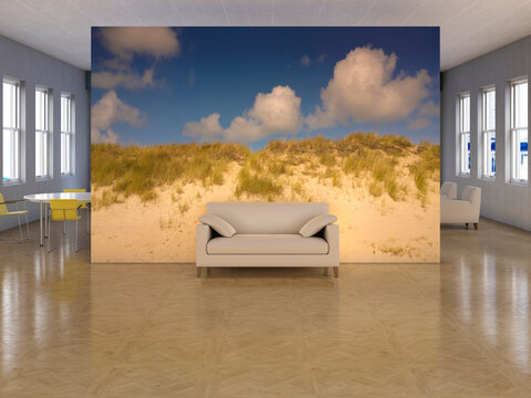 Sofa in modern office with beach wallpaper symbolizing vacation break