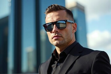 Fototapeta premium Urban Guardian: Photoshoot Concept with Stylish Security Guard in Front of Modern Skyscraper