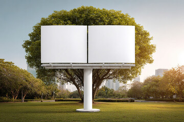 Blank billboard in a park setting against a backdrop of lush greenery and distant city skyline. Ready for any advertising or marketing campaign.