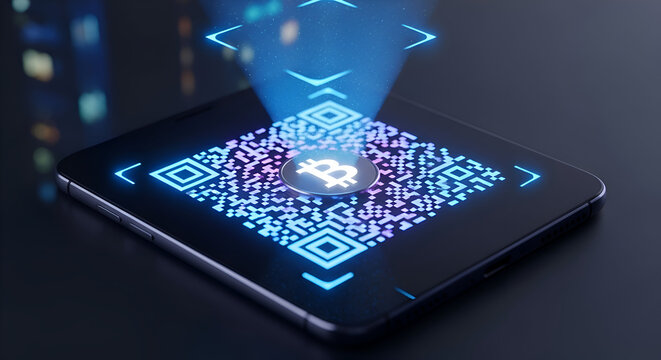 Dynamic smartphone displays vibrant Bitcoin QR code with glowing digital projection, representing financial technology and cryptocurrency innovation.