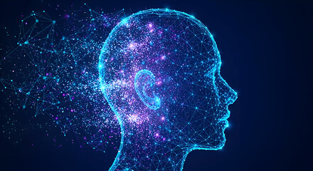 Stunning digital representation of a human head formed by glowing blue neural network particles and constellations against a dark background symbolizing AI and consciousness