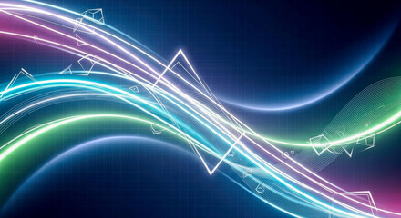 Abstract neon light waves with dynamic glowing curves on dark background.