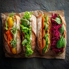 Four colorful vegetable sandwiches filled with fresh greens, carrots, tomatoes, and cabbage, arranged neatly on rustic paper for a healthy and appetizing display.