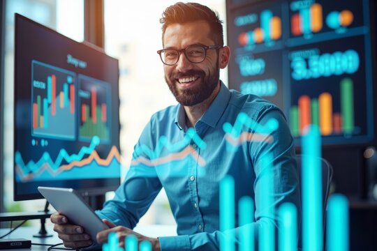 A smiling accountant immersed in virtual financial data and colorful graphs in a double exposure photo. - Powered by Adobe