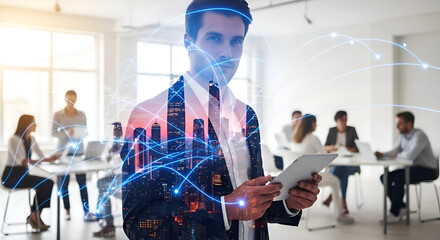 Confident businessman holding tablet with global network overlay in modern office, team collaborating in background