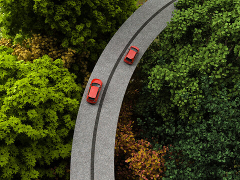 Red cars drive on curved road through lush green forest in 3d rendering