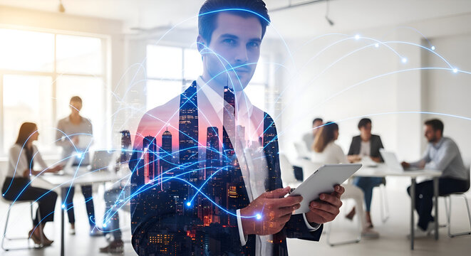 Confident businessman holding tablet with global network overlay in modern office, team collaborating in background
