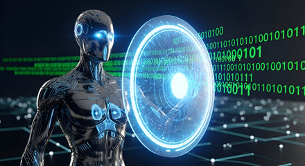 Futuristic robot interacts with glowing digital interface, symbolizing AI advancement and data processing in a high-tech world.