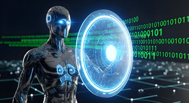 Futuristic robot interacts with glowing digital interface, symbolizing AI advancement and data processing in a high-tech world.