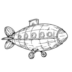 Toy airship on wheels, black and white ink sketch. Vector illustration. Children's flying toy, isolated on a white background. For postcards, children's books, and textile printing