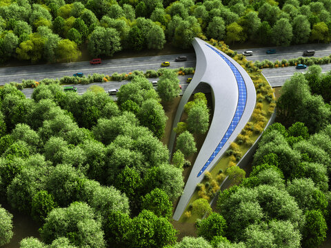 Futuristic solar-powered bridge in forest symbolizing sustainability