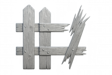 Weathered wooden fence panel, rusty nails protruding, highlighting structural decay against neutral background