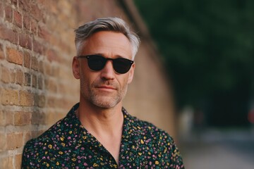 Stylish man in sunglasses poses against brick wall, exuding conf