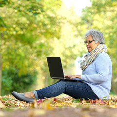 mature relaxed  woman with laptop in park in autumn season