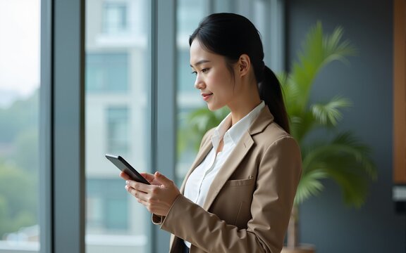 Asian young business woman manager using cell phone mobile app standing outside at office. Female businesswoman person working on smartphone cellphone application, looking aside dreaming. Copy space