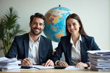 Tax Accountant Couple in Sharp Business Attire Surrounded by Financial Tools and a World Globe