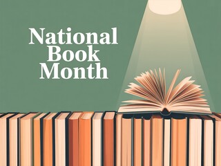 National book month banner with open book on books and green background