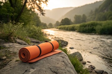Tranquil river scene at sunset with an orange yoga mat resting on a rock by the water