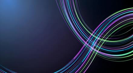 Dynamic neon light trails swirl across a dark abstract background, creating a sense of speed and futuristic energy for modern design.