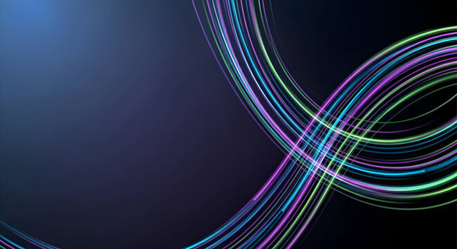 Dynamic neon light trails swirl across a dark abstract background, creating a sense of speed and futuristic energy for modern design.
