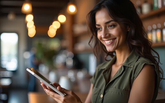 Young adult female entrepreneur owner of coffee shop or bar restaurant using tablet pc application for work. Indian or latin hispanic woman holding digital computer for business. Banner, copy space