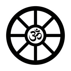 Obraz premium Black and white Dharmachakra, Buddhist wheel of law, featuring the Om symbol in its center.