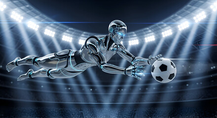 Futuristic robot goalkeeper dives dynamically to save a soccer ball in a brightly lit stadium, showcasing advanced athletic AI technology and digital sports innovation.