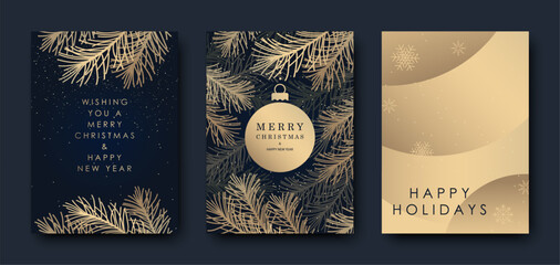 Merry Christmas and Happy New Year greeting card. Luxury golden background with snowflakes, Christmas tree and ball on blue background. Vector illustration.