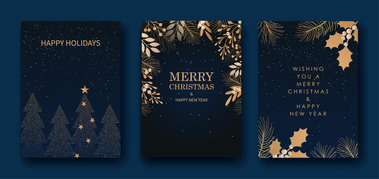 Merry Christmas and Happy New Year. Luxury greeting card or invitation template with golden Christmas tree and holly on blue background.