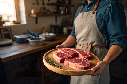 Chef presenting fresh, raw steak cuts on a wooden platter in a rustic kitchen setting
