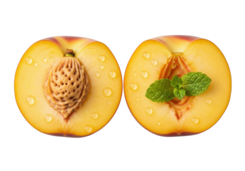 Bisected golden-orange peach halves with succulent yellow flesh and pit, garnished with vibrant mint leaf and water droplets on transparent background, studio food shot. Concept of natural purity and