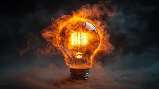 Burning incandescent lightbulb; fire, smoke