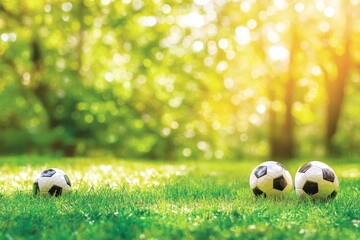 Three soccer balls on vibrant green grass, sunlit background of out-of-focus trees