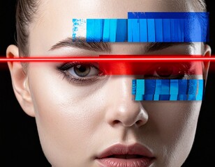 A woman's face undergoes a futuristic biometric scan with a red laser and digital data interface.