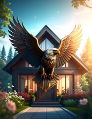 Eagle soars over a modern home, lush landscaping