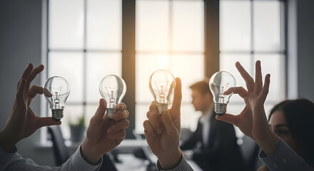 Diverse team brainstorms innovative ideas holding illuminated light bulbs symbolizing creativity and inspiration in a modern office setting, fostering collaboration and progress.