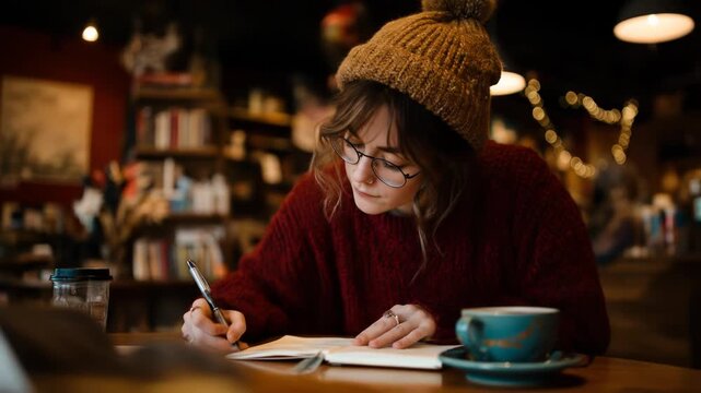 Woman writing at a table with a coffee, wearing a beanie and glasses