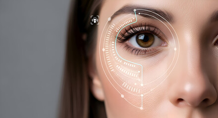 Stunning close-up of a woman's eye with futuristic digital scan overlay, showcasing advanced biometric technology and modern innovation.