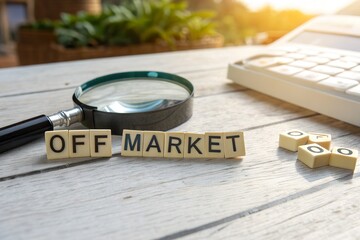 Close-up of wooden letter tiles spelling 'OFF MARKET' beside a magnifying glass and calculator outdoors