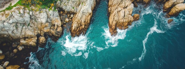 High-angle view of turquoise ocean waves crashing against rocky coastline