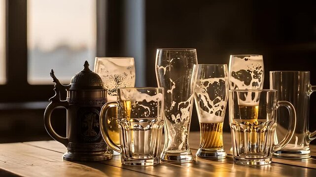 Various glasses and a beer stein on a wooden surface, containing foamy remnants