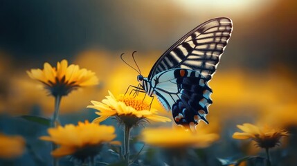 Butterfly on yellow flower, sunlit