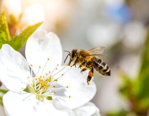 Honeybee on a white flower. Sunlight highlights the blossom