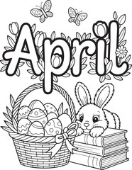 Obraz premium Outlined April text with spring flowers, butterflies, Easter eggs and rabbit sitting on books