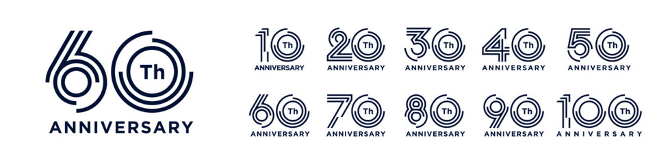 collection anniversary 10 to 100 year logo designs. abstract number for celebration event, wedding, greeting card, and invitation, vector illustration